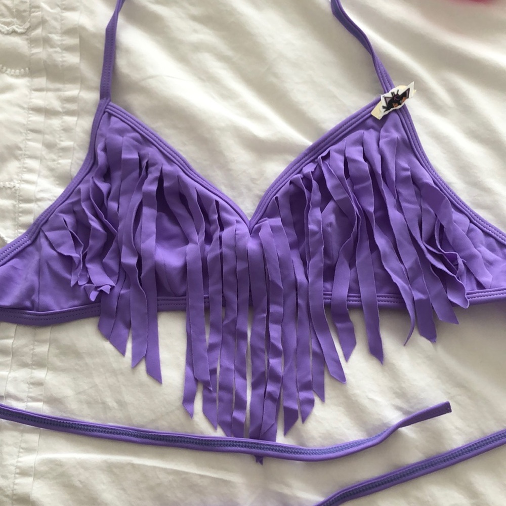 Purple fringe top bikini can wear as a shirt or swimsuit.